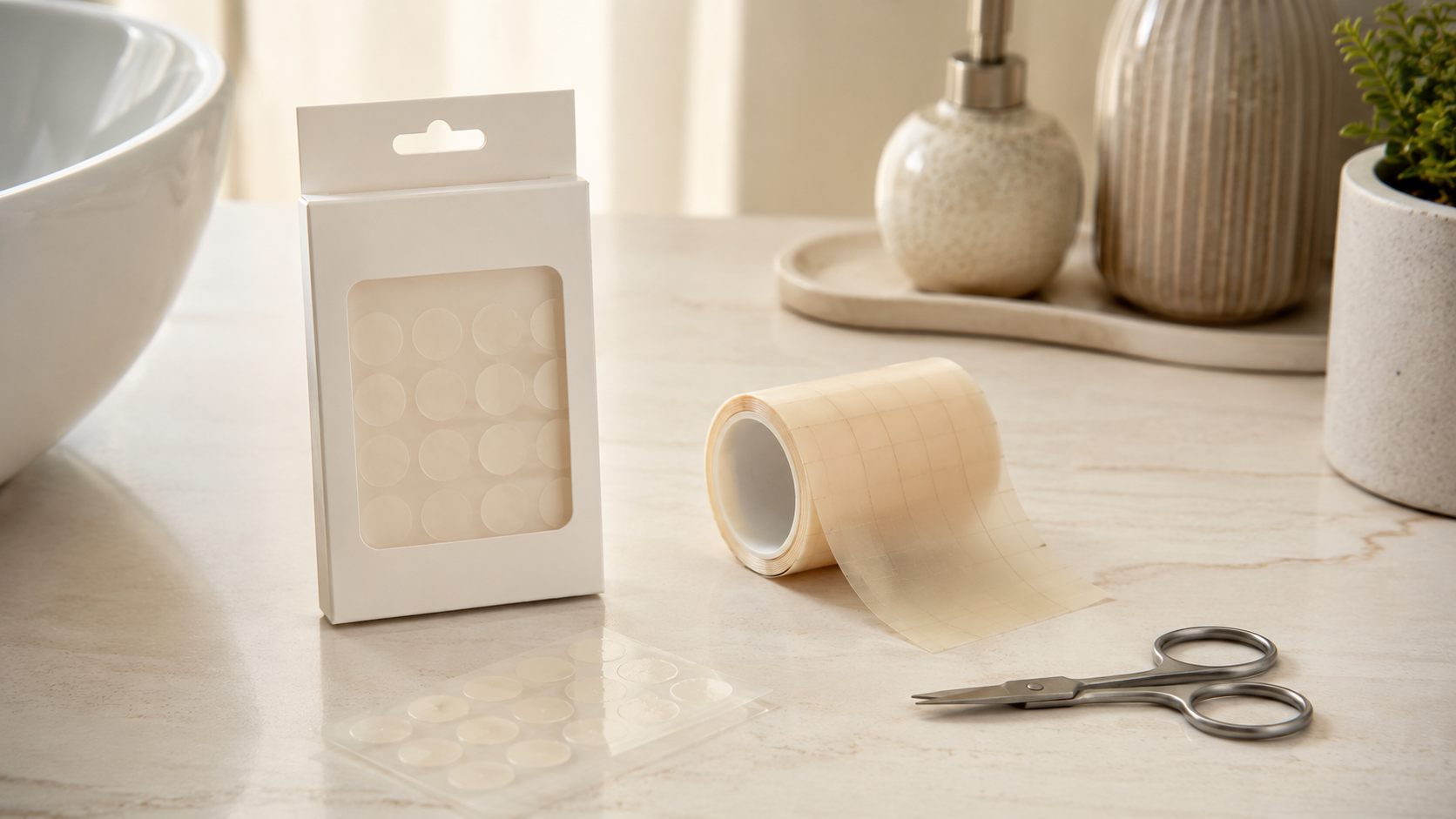 Hydrocolloid roll and pimple patches placed side by side on a clean bathroom counter.